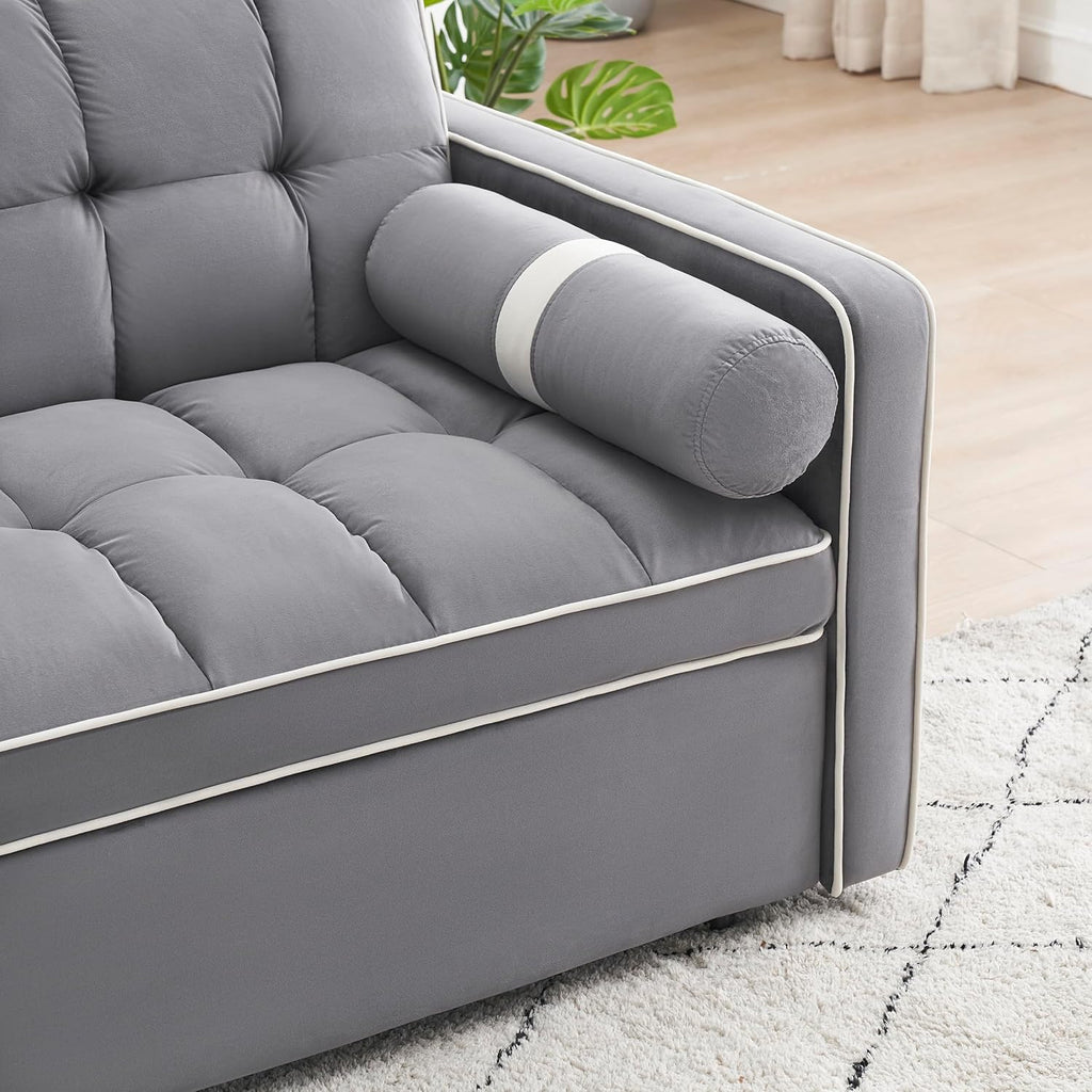 3 in 1 Sleeper Sofa Pull Out Bed, Velvet Convertible SofaBed, 55" Loveseat with Adjustable Backrest, Gray T7512