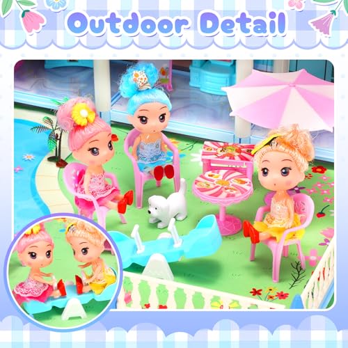 Blue 4-Story 11 Rooms Doll House with Furniture O90349