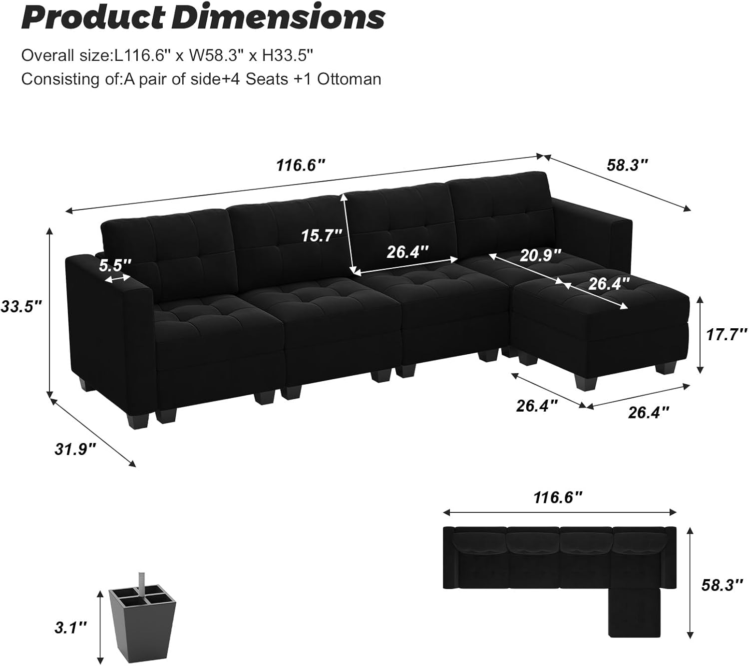 Black Velvet 5 Piece Modular Sectional Sofa with Storage Seats and Ottomans C134