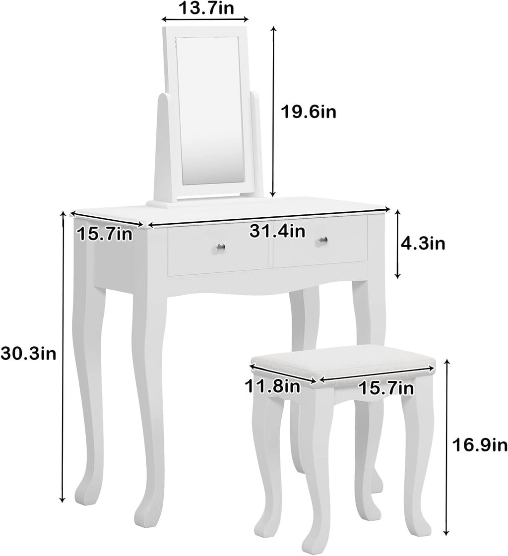 White Wooden Vanity Dressing Table with Mirror and Stool, 2 Drawers E106