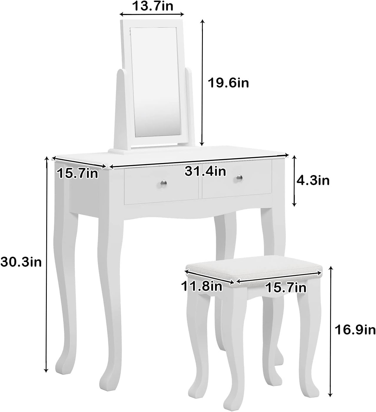 White Wooden Vanity Dressing Table with Mirror and Stool, 2 Drawers E106