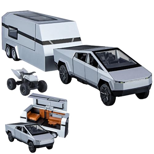 Silver Diecast Pickup Truck Model with Trailer RV and Motorcycle P5674