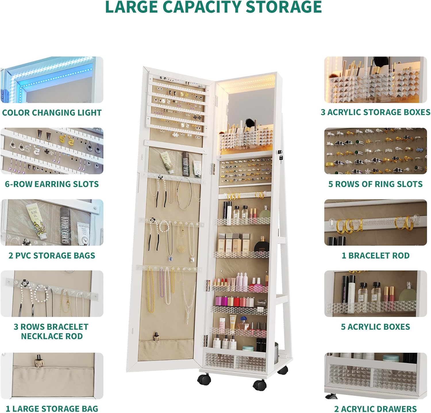 White Full Length Mirror Jewelry Cabinet with Lights B6590