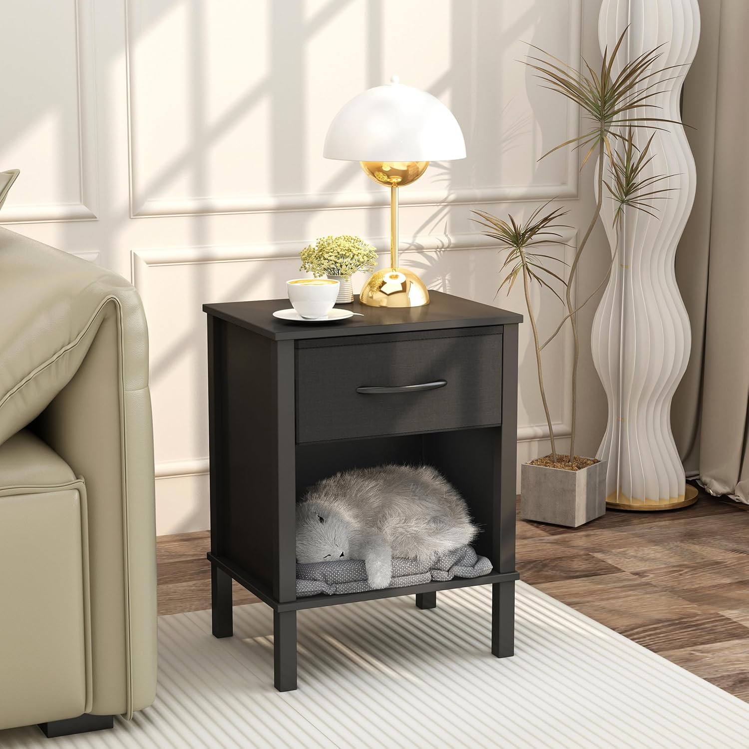 Black Nightstand Set of 2 with Fabric Drawers Q4039