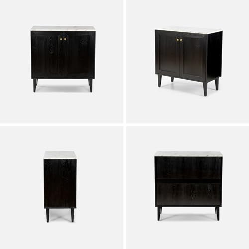 Black Storage Cabinet with Faux Marble Top and Adjustable Shelves D841