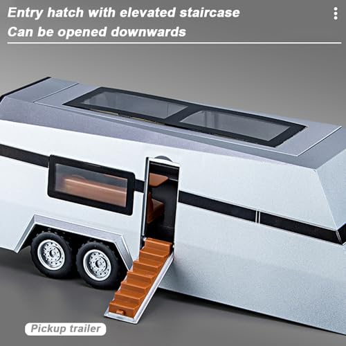 Silver Diecast Pickup Truck Model with Trailer RV and Motorcycle P5674