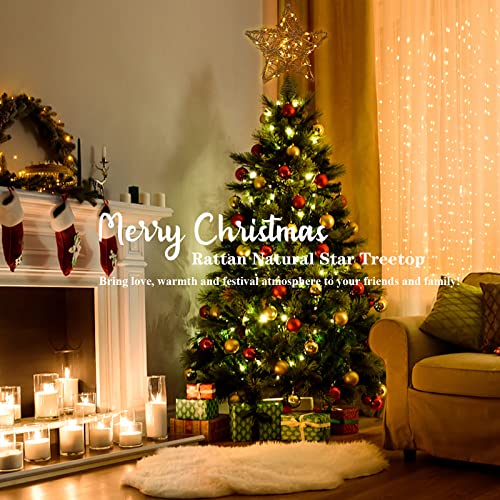 Rattan Natural Star Christmas Tree Topper with 50 Warm LED Lights J52485