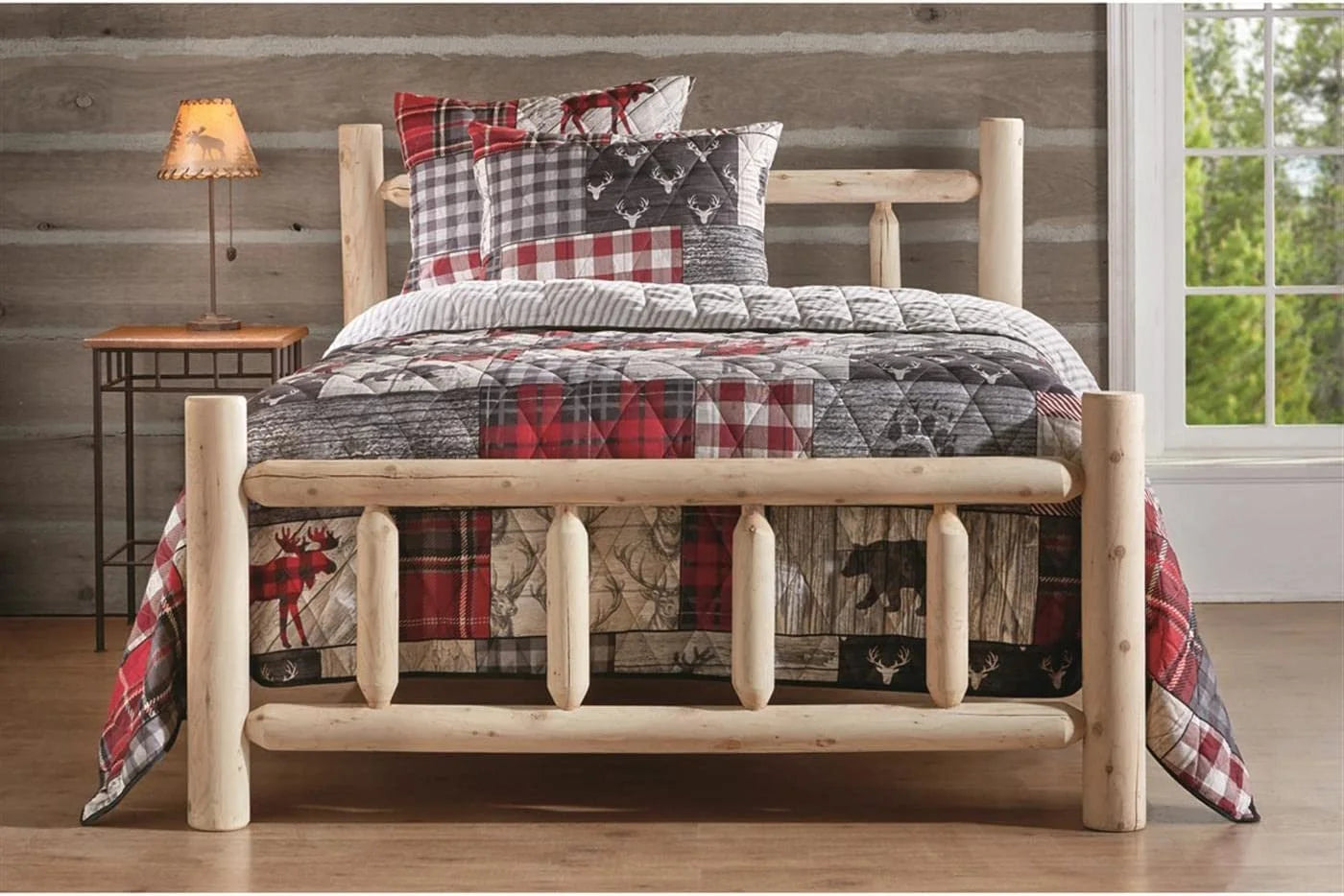 Rustic Natural Unfinished Wooden Queen Bed with Headboard and Footboard U271