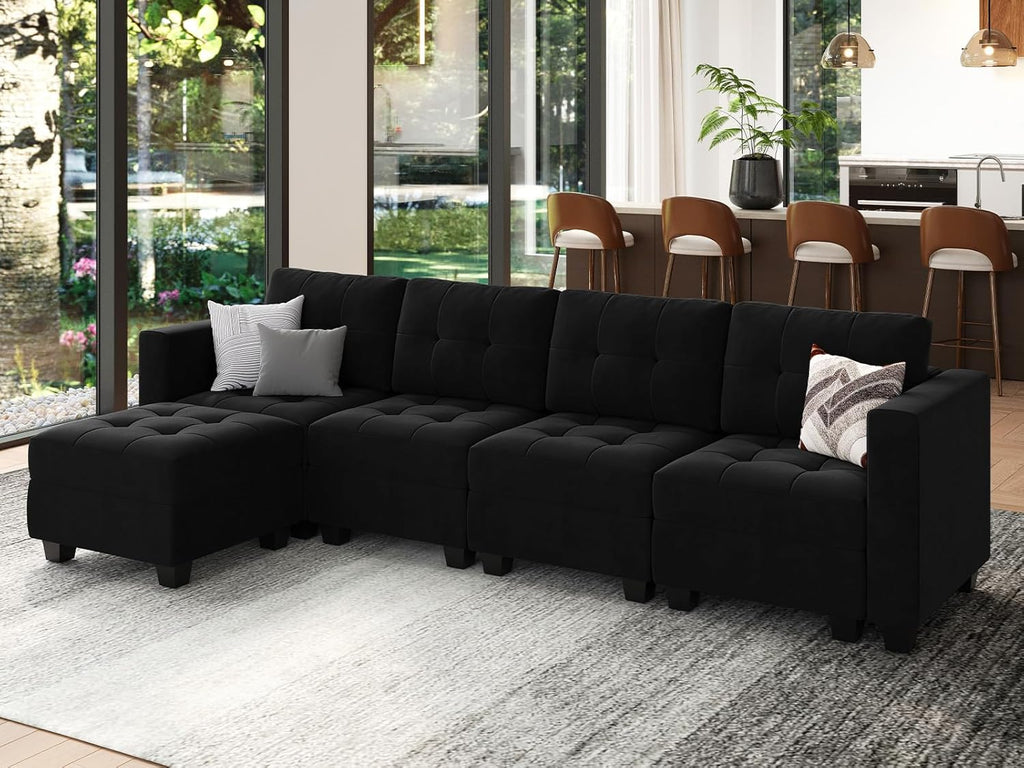 Black Velvet 5 Piece Modular Sectional Sofa with Storage Seats and Ottomans C134
