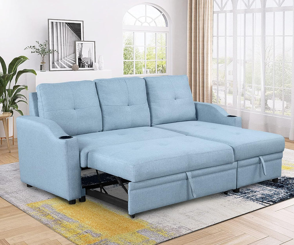 Blue Linen Fabric L-Shape Convertible Sleeper Sofa with Pull-Out Bed O890