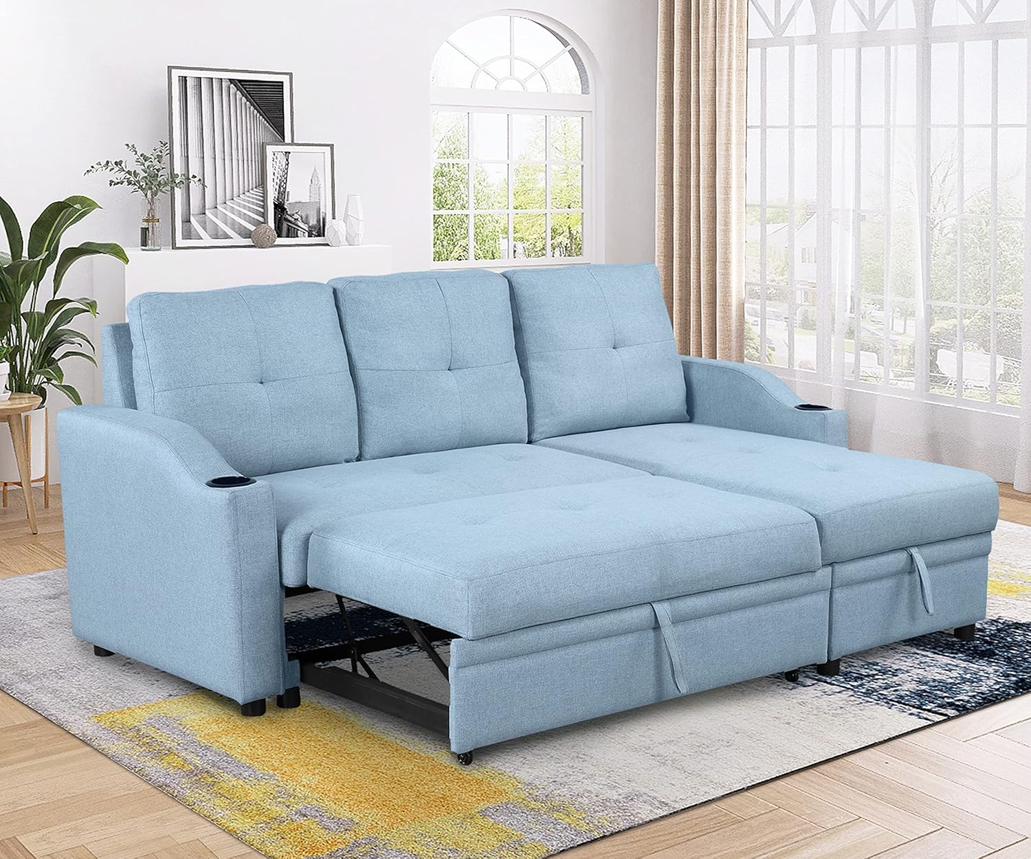 Blue Linen Fabric L-Shape Convertible Sleeper Sofa with Pull-Out Bed O890