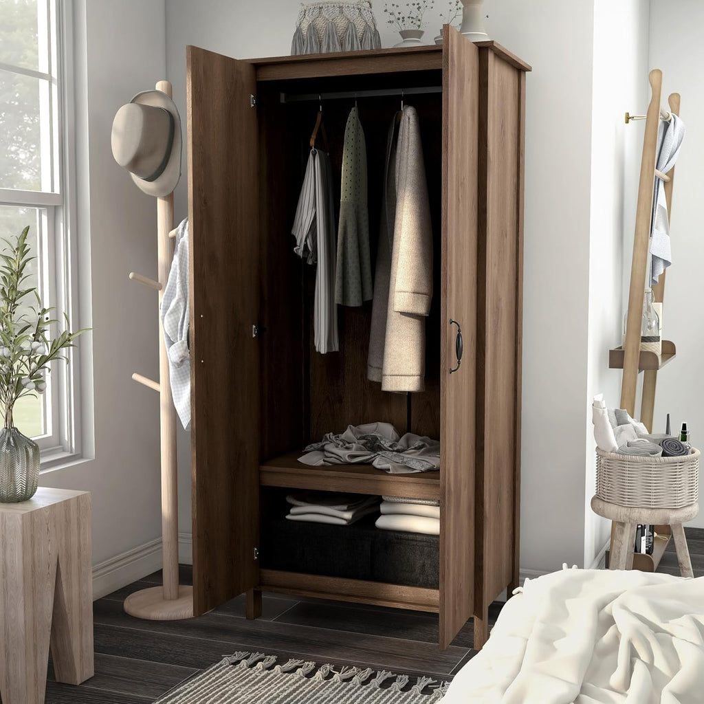 Walnut Brown 2-Doors Wood Armoire Wardrobe Closet with Fixed Shelves and Hanging Rack M110984