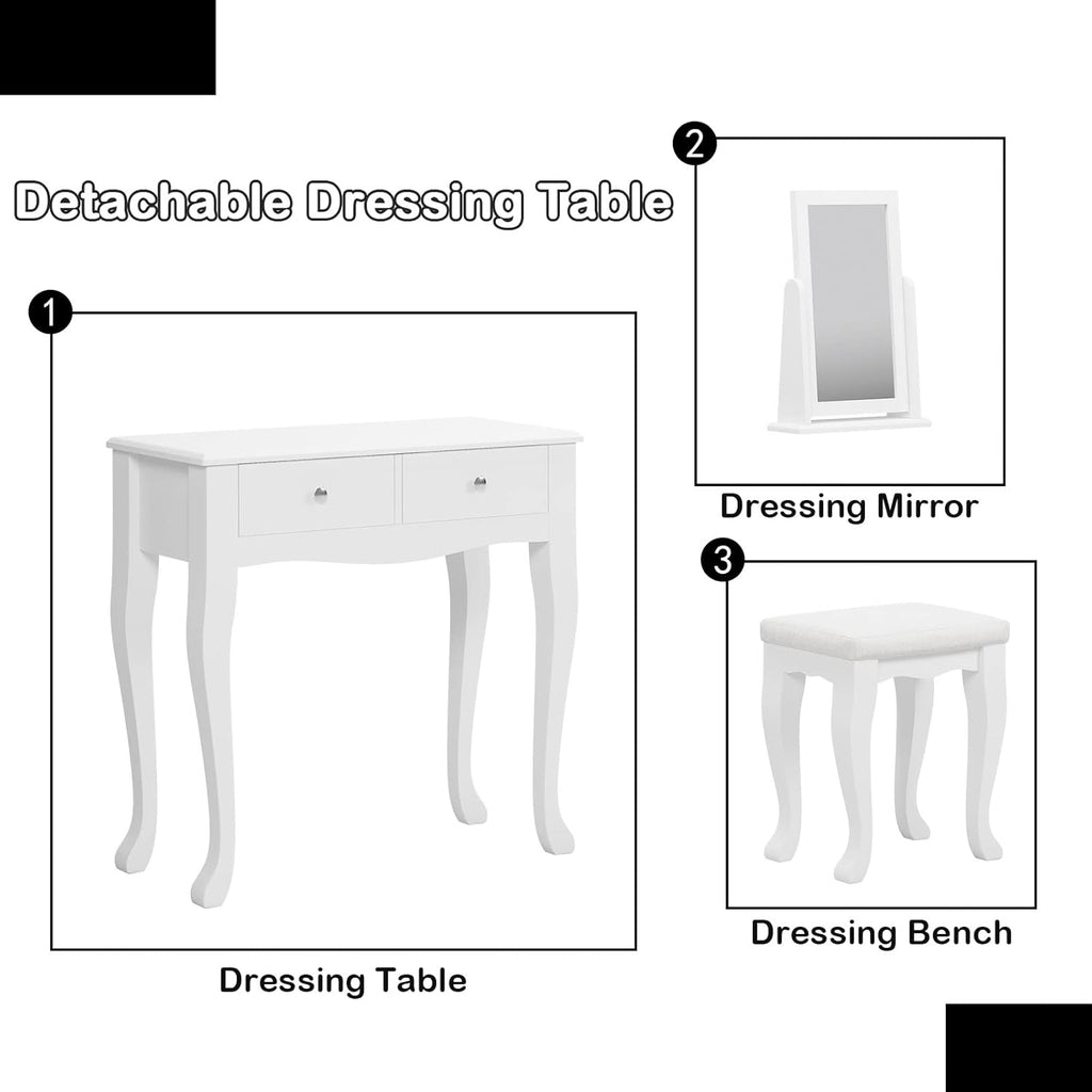 White Wooden Vanity Dressing Table with Mirror and Stool, 2 Drawers E106