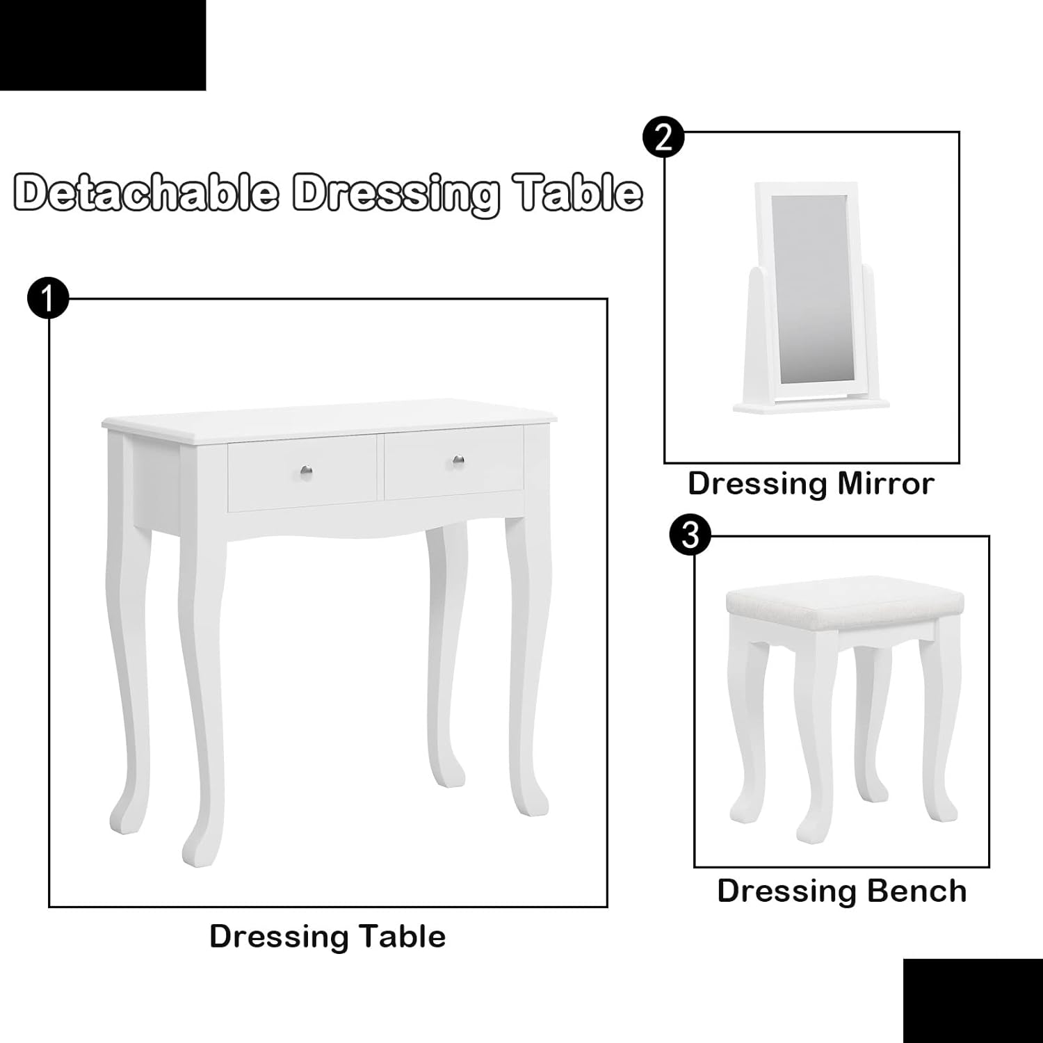 White Wooden Vanity Dressing Table with Mirror and Stool, 2 Drawers E106