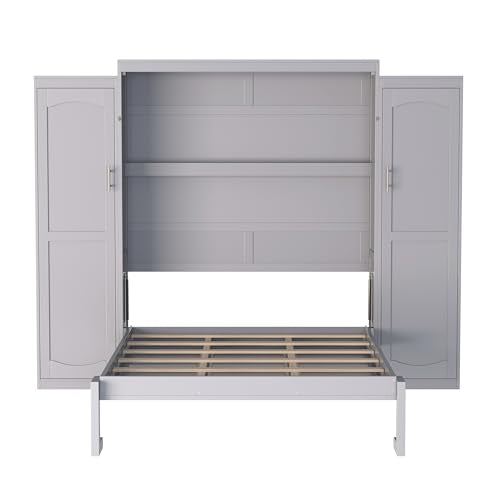 White Queen Size Wooden Murphy Wall Bed with Storage Shelf I185303