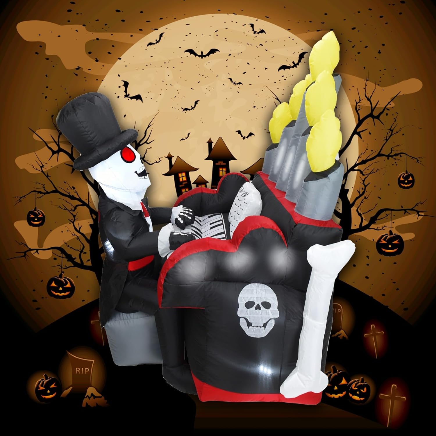 5.4FT Halloween Inflatable Skeleton Playing Piano with LED Lights and Bluetooth Speaker E350