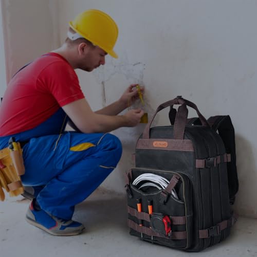 Black Wax-Canvas 90-Pockets Electrician Backpack D27765