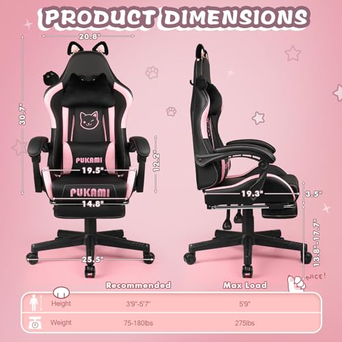 Pink Gaming Chair with Cat Ears and Cat Paw Cushion Pillow with Footrest V491