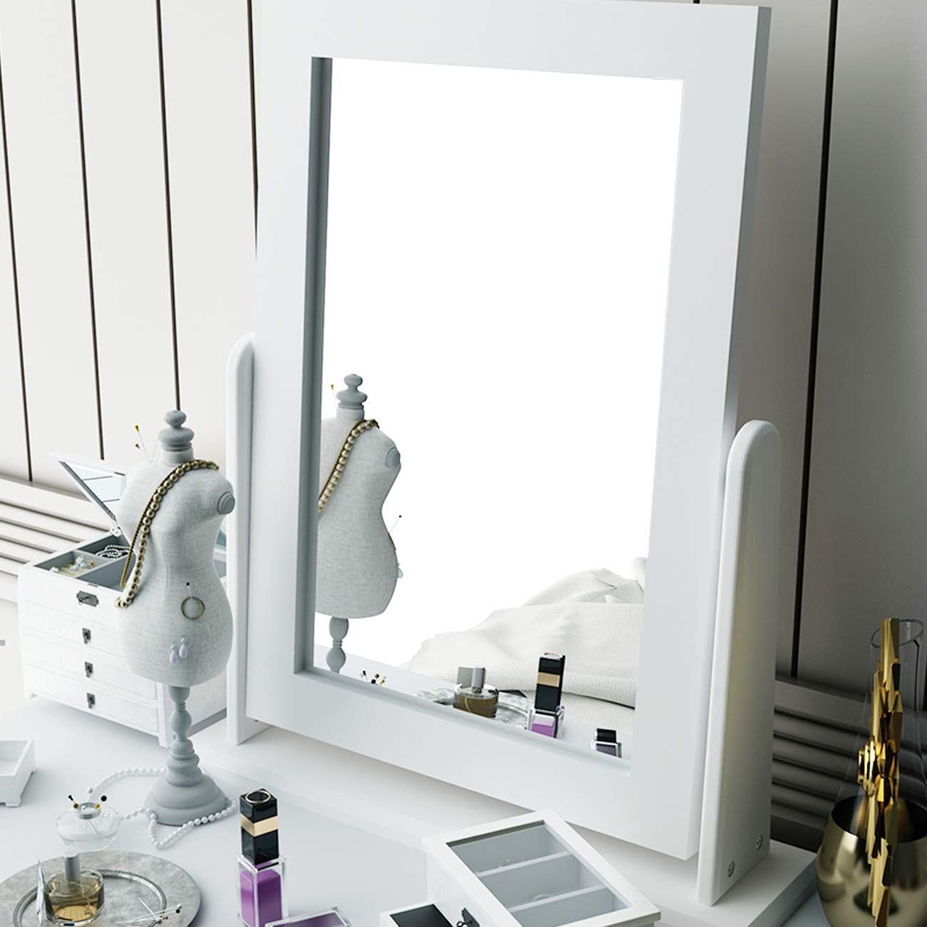 White Wooden Vanity Dressing Table with Mirror and Stool, 2 Drawers E106
