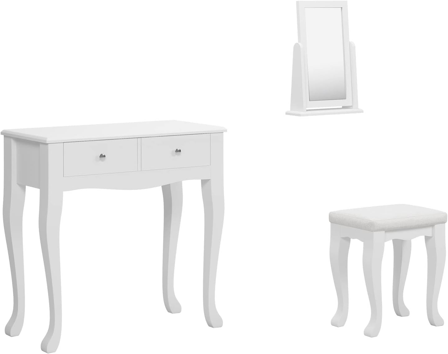 White Wooden Vanity Dressing Table with Mirror and Stool, 2 Drawers E106