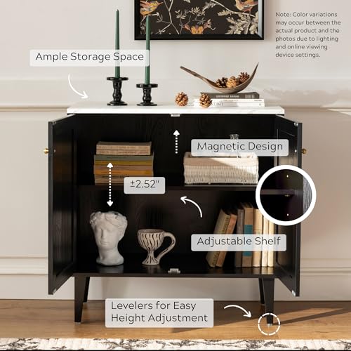 Black Storage Cabinet with Faux Marble Top and Adjustable Shelves D841