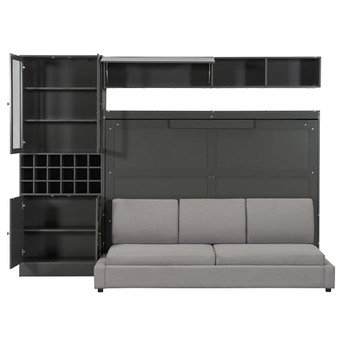 White Wooden Full Size Murphy Bed Frame with Sofa and Storage Shelves G392