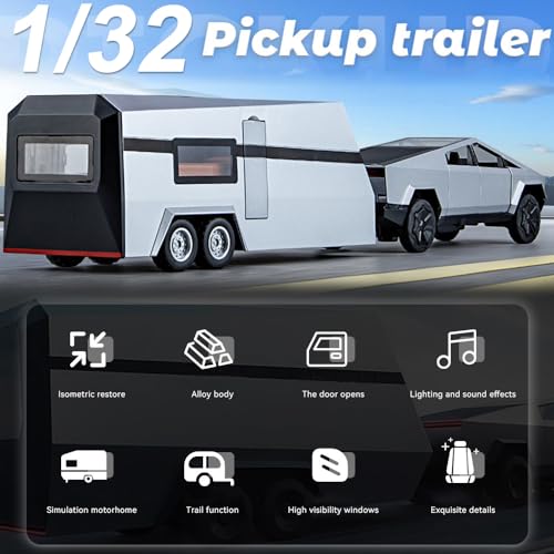 Silver Diecast Pickup Truck Model with Trailer RV and Motorcycle P5674