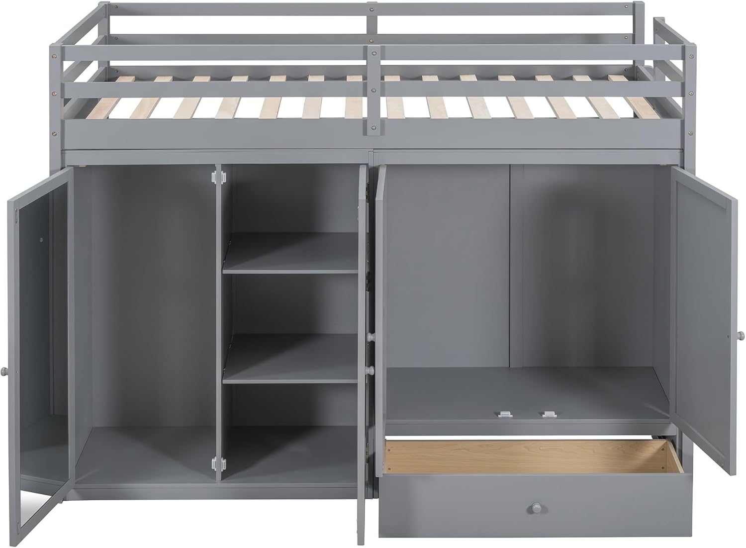 Gray Wood Twin Size Loft Bed with Storage Drawer and Two Wardrobes C96581