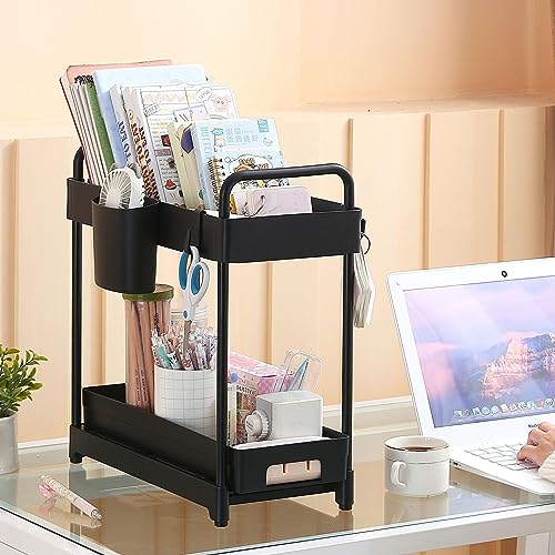 2 Pack Black 2 Tier Sliding Under Sink Shelf with 4 Hooks and Cup Slot E8904
