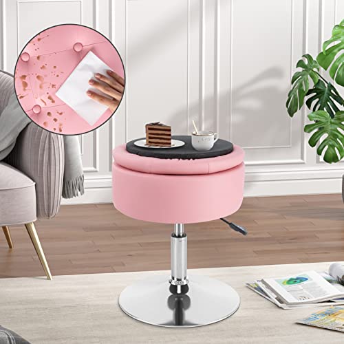 Black PU Leather Adjustable Height 17.9" to 24.4" Round Vanity Stool with Storage L25724