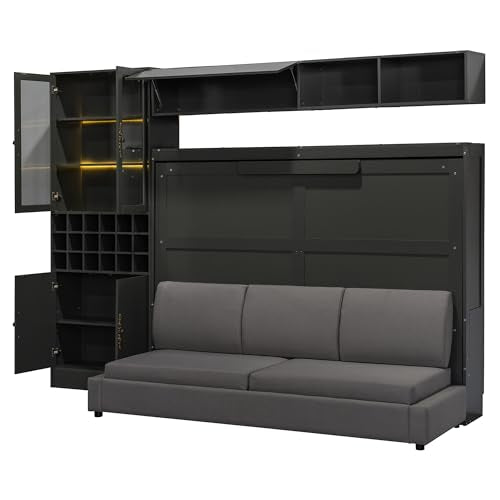 White Wooden Full Size Murphy Bed Frame with Sofa and Storage Shelves G392