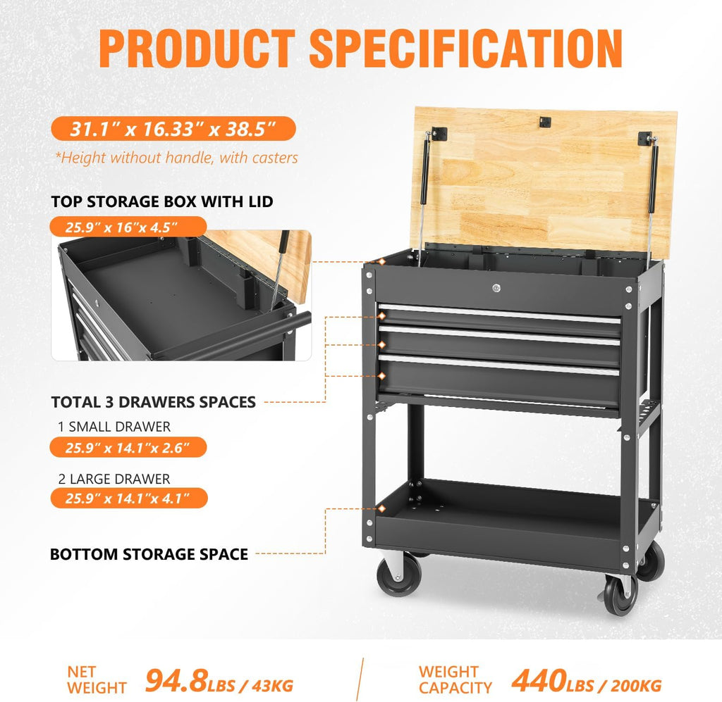 Black 3-Drawer Wood Top Rolling Tool Chest U126