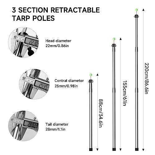 Telescoping Tent Tarp Pole 3 Section Stainless Steel Portable Camping Poles 33"-86.61" 2Pcs Set S343383
