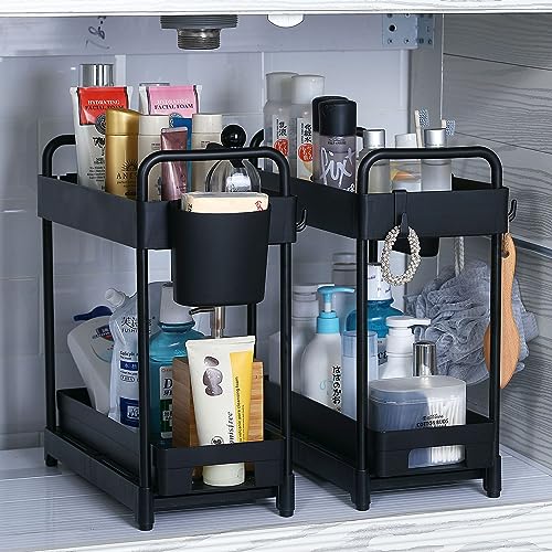 2 Pack Black 2 Tier Sliding Under Sink Shelf with 4 Hooks and Cup Slot E8904