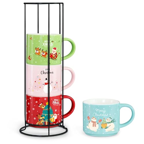 Set of 4 15.8 Oz Stackable Christmas Mugs with Stand W792134