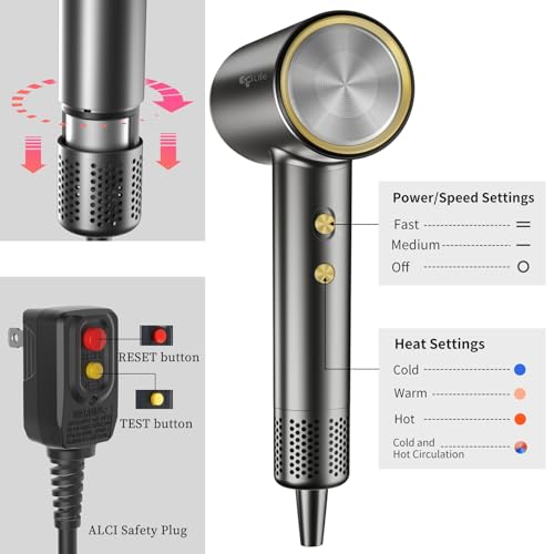 Hair Dryer with Diffuser, 110,000 RPM Brushless High-Speed, 1400W Low Noise Thermo-Control, Magnetic Nozzle and Wall Mount Holder I5516
