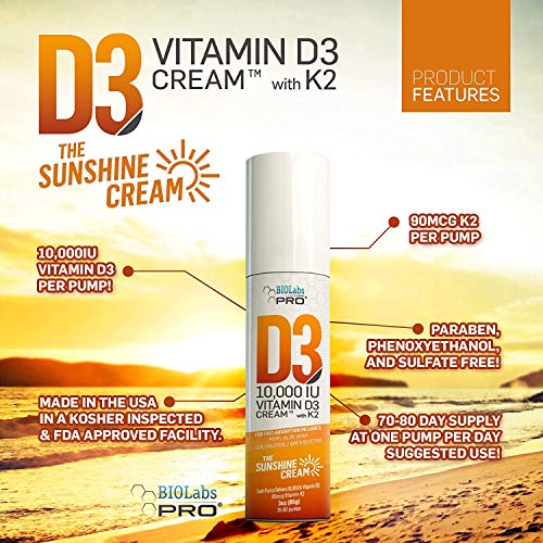 All Natural Vitamin D3 10000IU Vitamin D Cream with Vitamin K2 & Olive Leaf Extract (3.0oz) D1938
