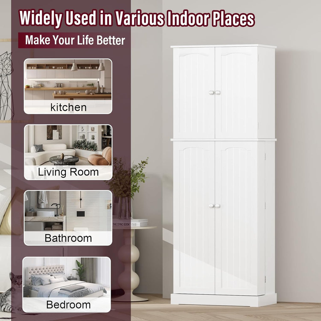 White Tall Freestanding Kitchen Pantry Cabinet with Doors and Shelves O44587
