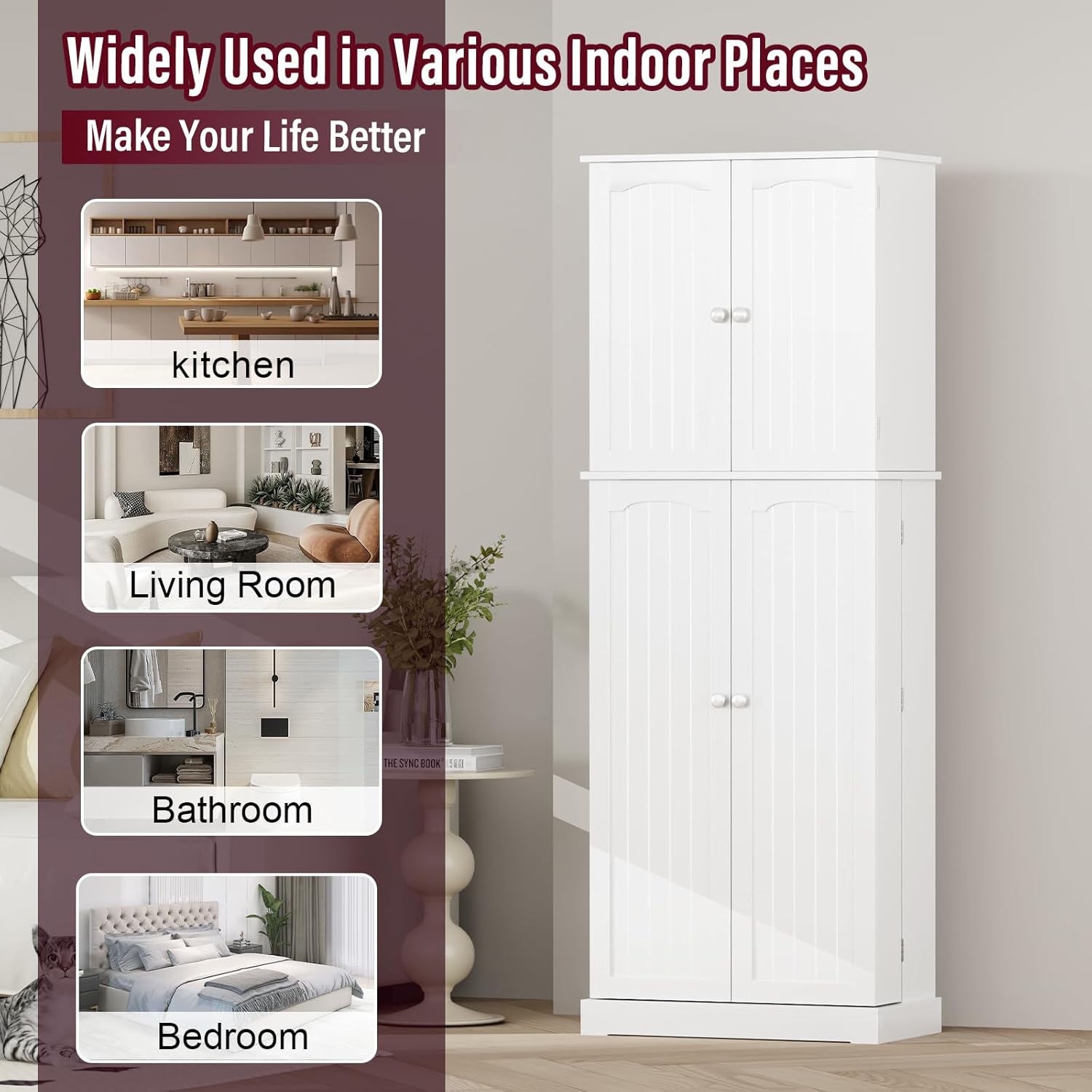White Tall Freestanding Kitchen Pantry Cabinet with Doors and Shelves O44587