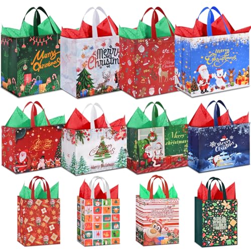 12 PCS Assorted Sizes Reusable Non-Woven Christmas Tote Bags with Handles W803294