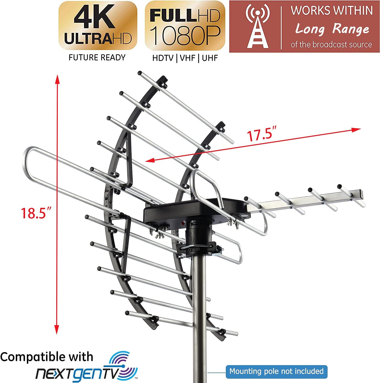 Digital HD TV Antenna, Outdoor Attic Antenna, 360 Degree Rotation Wireless Remote, 200 Miles Range, 4K 1080P VHF UHF C1049