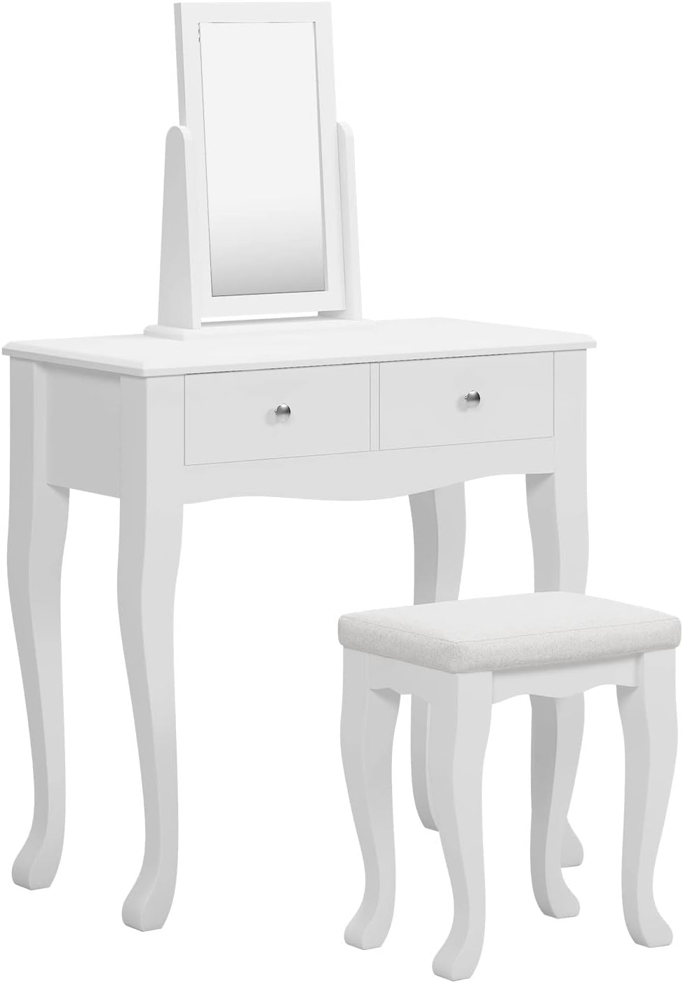White Wooden Vanity Dressing Table with Mirror and Stool, 2 Drawers E106