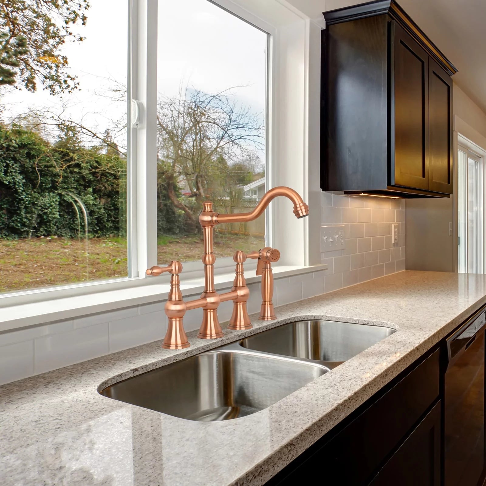 Copper Two-Handles Bridge Kitchen Faucet with Side Sprayer F1381