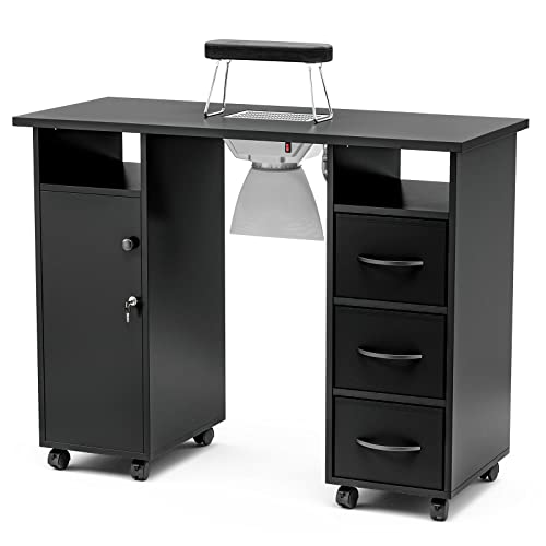 Black Manicure Table with Dust Collector, Wrist Cushion, Drawers, Lockable Wheels & Cabinet R23385