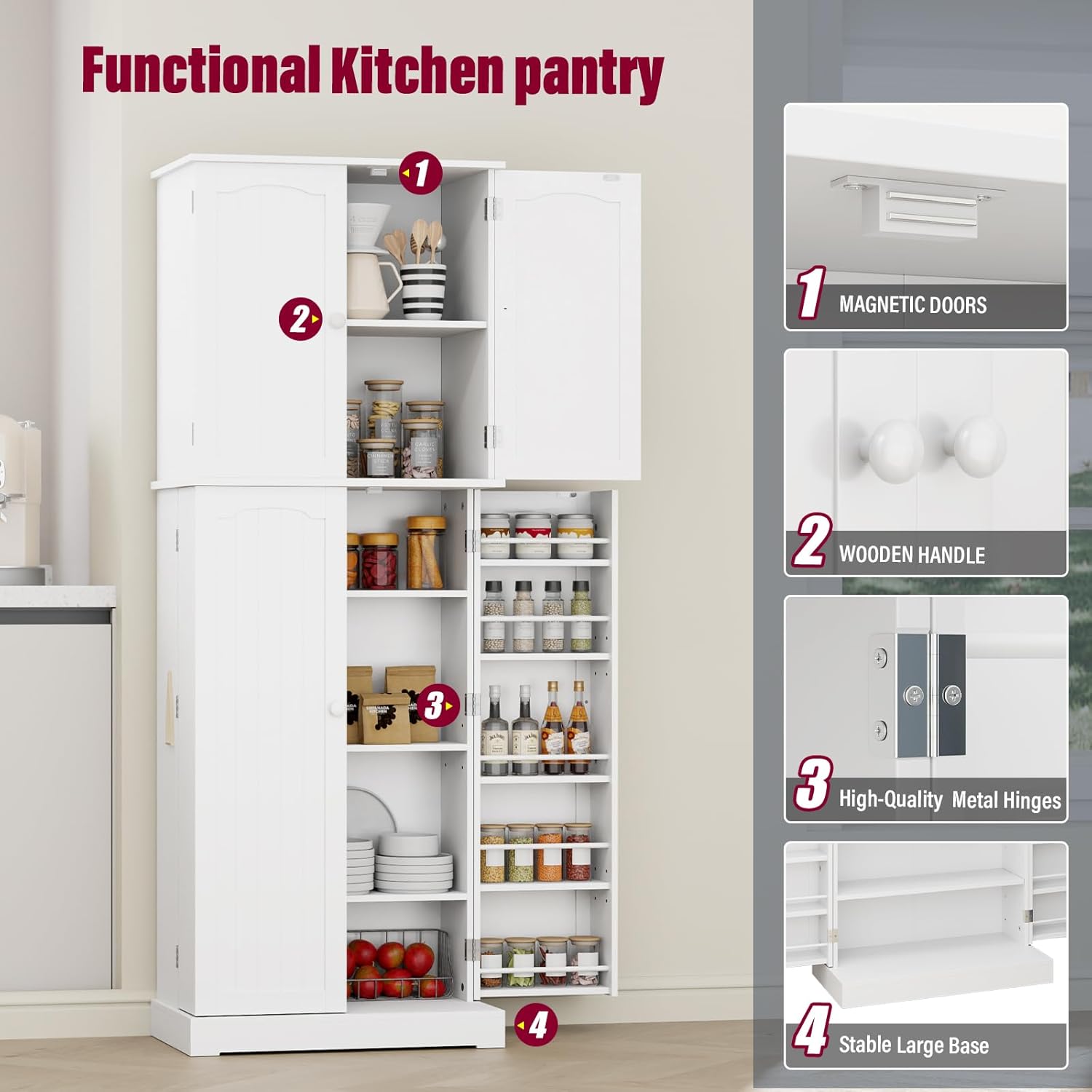 White Tall Freestanding Kitchen Pantry Cabinet with Doors and Shelves O44587