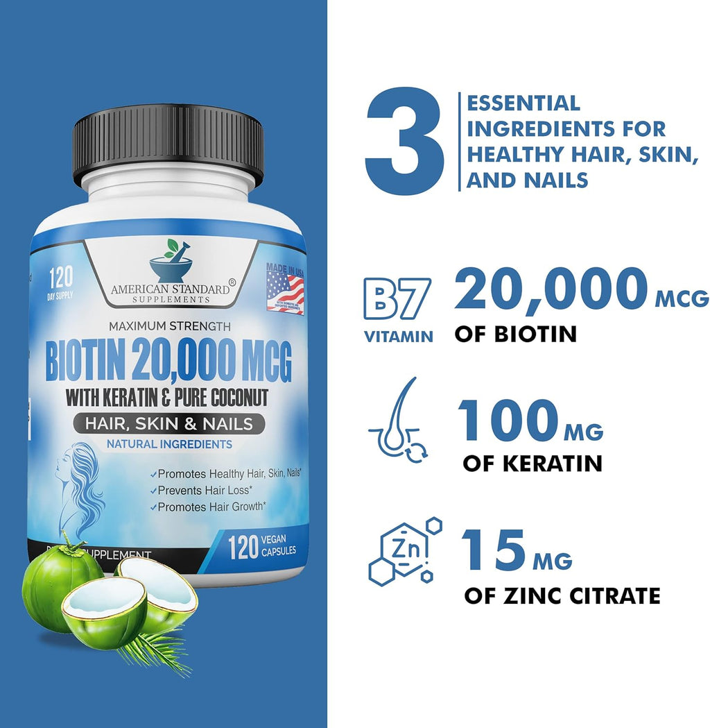 Biotin 20,000mcg with Keratin, Organic Coconut and Zinc, 120 Vegan Capsules M754334