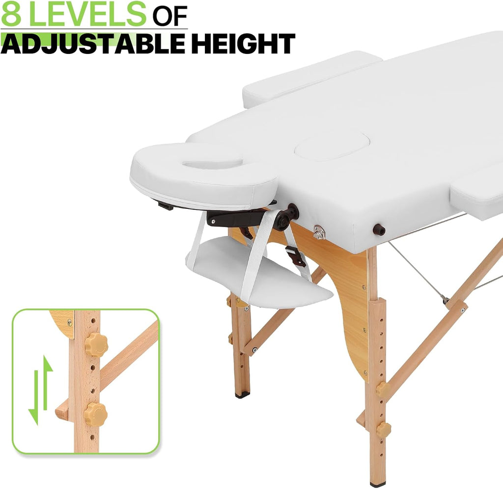White Beechwood PVC Folding Massage Table with Carry Case K9458
