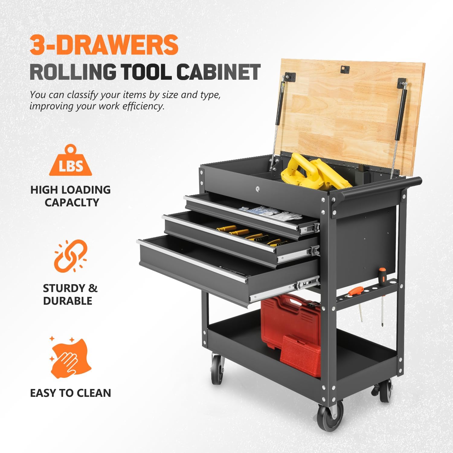 Black 3-Drawer Wood Top Rolling Tool Chest U126