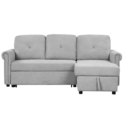 Gray Velvet L Shaped Sleeper Sectional Sofa with Storage Chaise Lounge N386891
