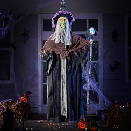 59” Halloween Decorations Outdoor Hanging Witch with Light Up Skull Skeleton Wand Sound Activated L24154